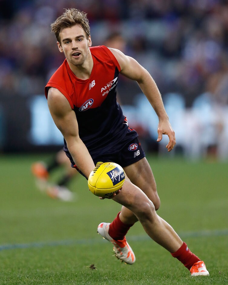 AFL 2016 Rd 12 - Melbourne v Collingwood MELBOURNE, AUSTRALIA - JUNE 13: Dom Tyson of the Demons in action during the 2016 AFL Round 12 match between the Melbourne Demons and the Collingwood Magpies at the Melbourne Cricket Ground on June 13, 2016 in Melbourne, Australia. (Photo by Michael Willson/AFL Media)